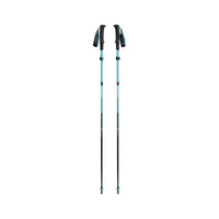 Pair of teal and black collapsible trekking poles with ergonomic grips and adjustable locking mechanism