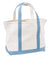 Canvas tote bag with light blue handles and trim, open top, structured base, angled view