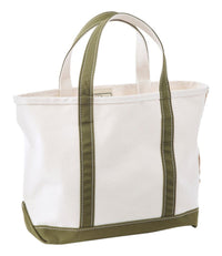 Open-top canvas tote bag with olive green handles, base trim, and white body, angled view