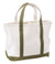 Open-top canvas tote bag with olive green handles, base trim, and white body, angled view