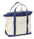Large canvas zip-top tote bag with navy blue handles, trim, and zipper closure, angled view
