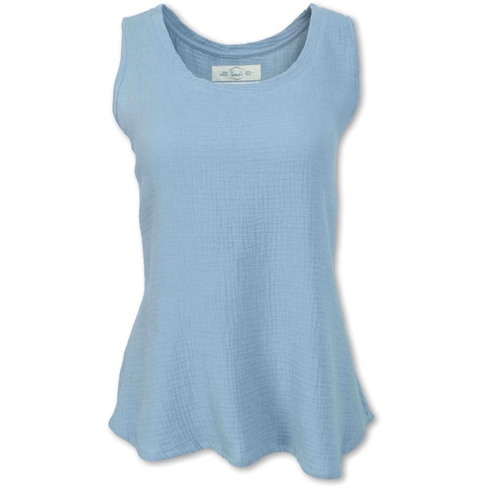 Light blue sleeveless gauze tank top with scoop neck and relaxed fit