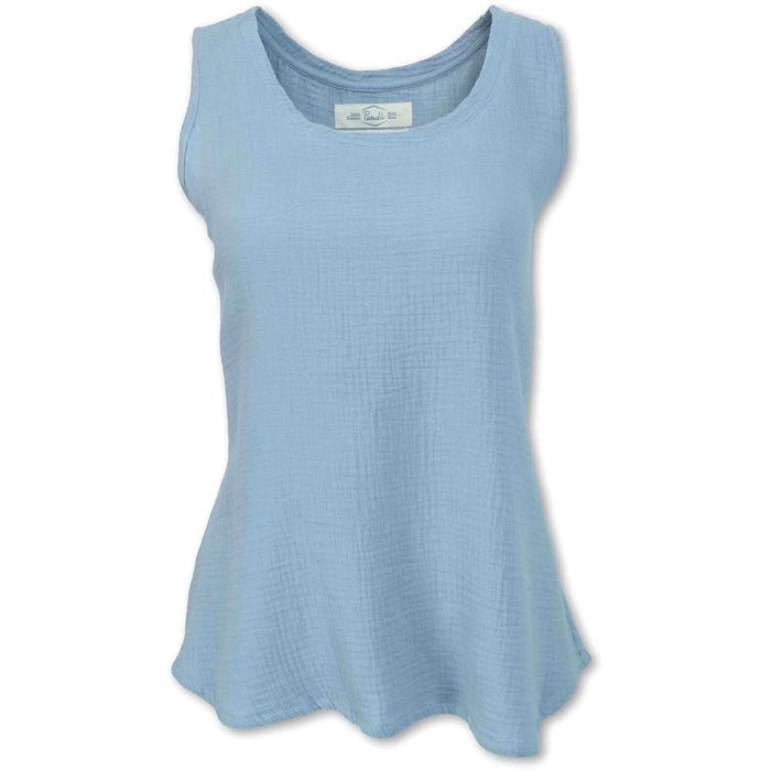 Light blue sleeveless gauze tank top with scoop neck and relaxed fit