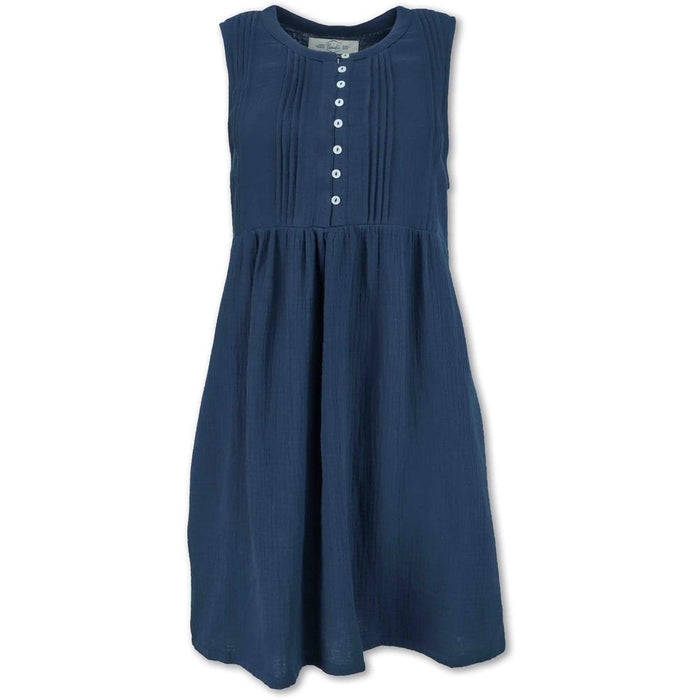 Sleeveless navy blue gauze dress with button front placket and gathered waist