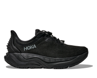 Black athletic running shoe with textured midsole and lace-up closure, side profile view
