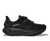 Black athletic running shoe with textured midsole and lace-up closure, side profile view