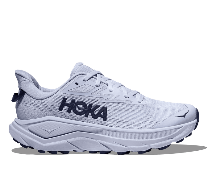 Light purple athletic running shoe with lace-up closure, side profile view
