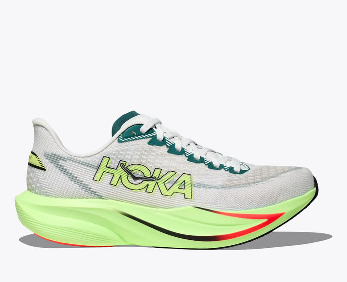 White and lime green running shoe with curved sole, side profile view