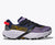 Trail running shoe with purple mesh upper, navy accents, and white chunky midsole, side view