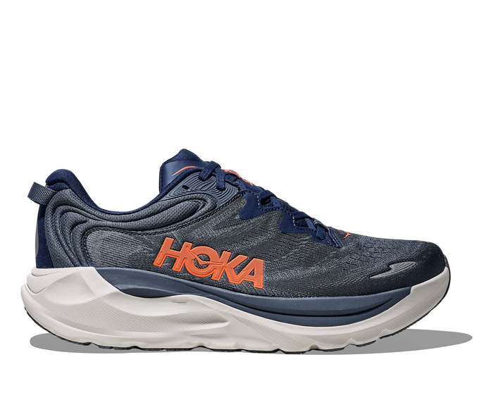 Running shoe with navy and gray heathered upper, orange logo, white midsole, side profile view