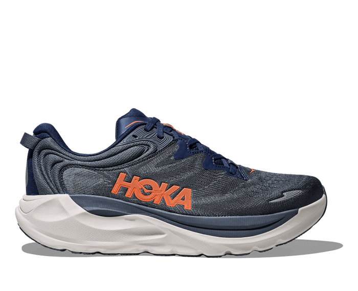 Navy blue and gray athletic running shoe with orange logo, side profile view