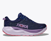 Navy blue running shoe with purple midsole and coral outsole, side profile view