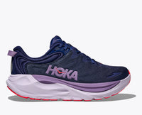 Navy blue running shoe with purple midsole and coral outsole, side view profile