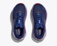 Navy blue running shoes with purple midsole, top view showing mesh upper and lacing