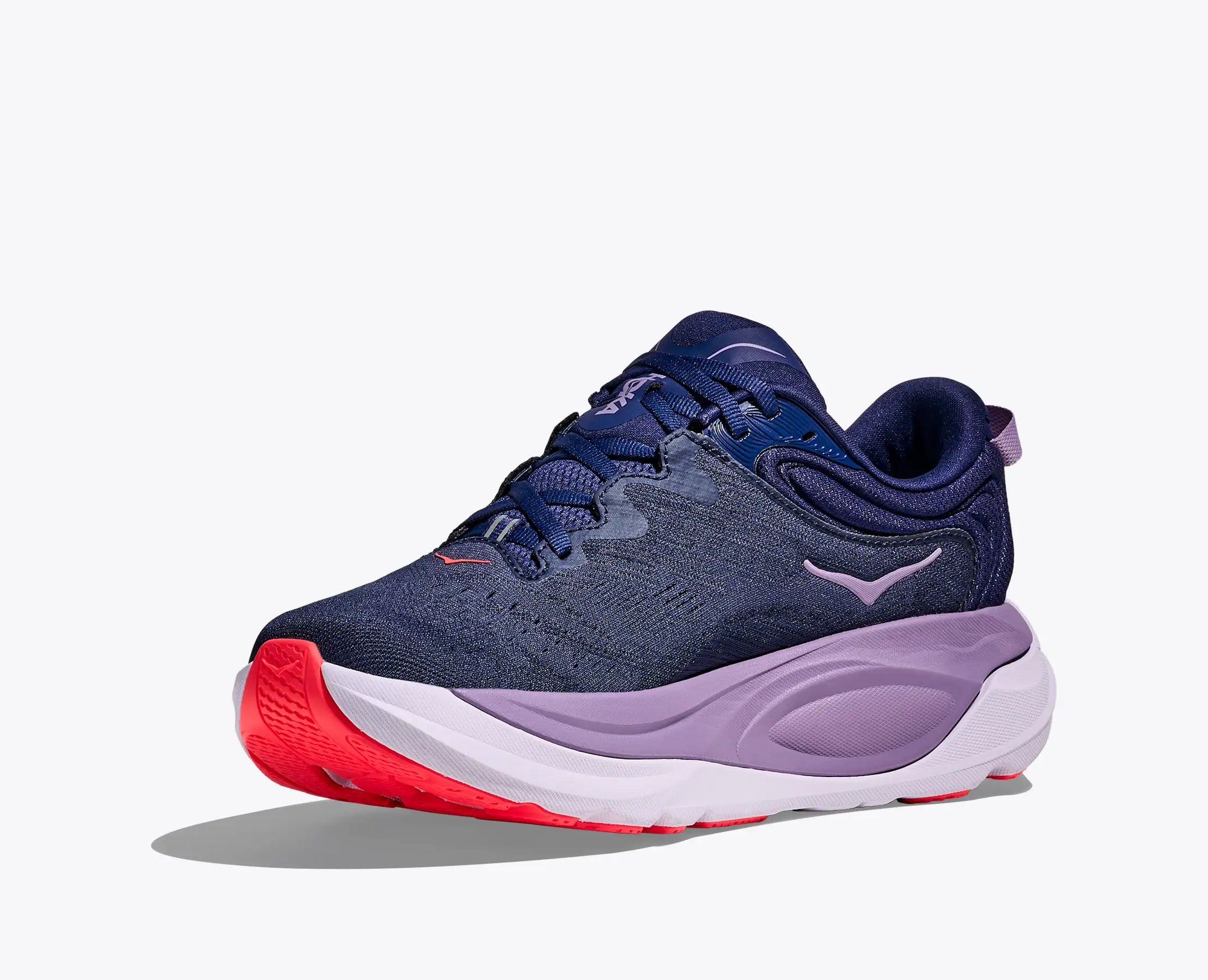 Navy and purple running shoe with coral accents, side profile view on clean background