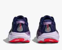 Running shoes rear view showing navy upper with purple midsole and red sole details