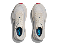 Pair of light colored running shoes with mesh upper, top-down view showing laces and insoles