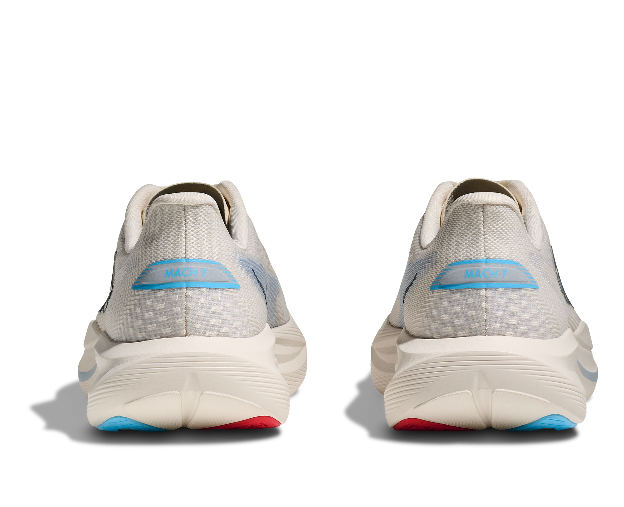 Light gray running shoes with blue accents, rear view showing heel and sole design