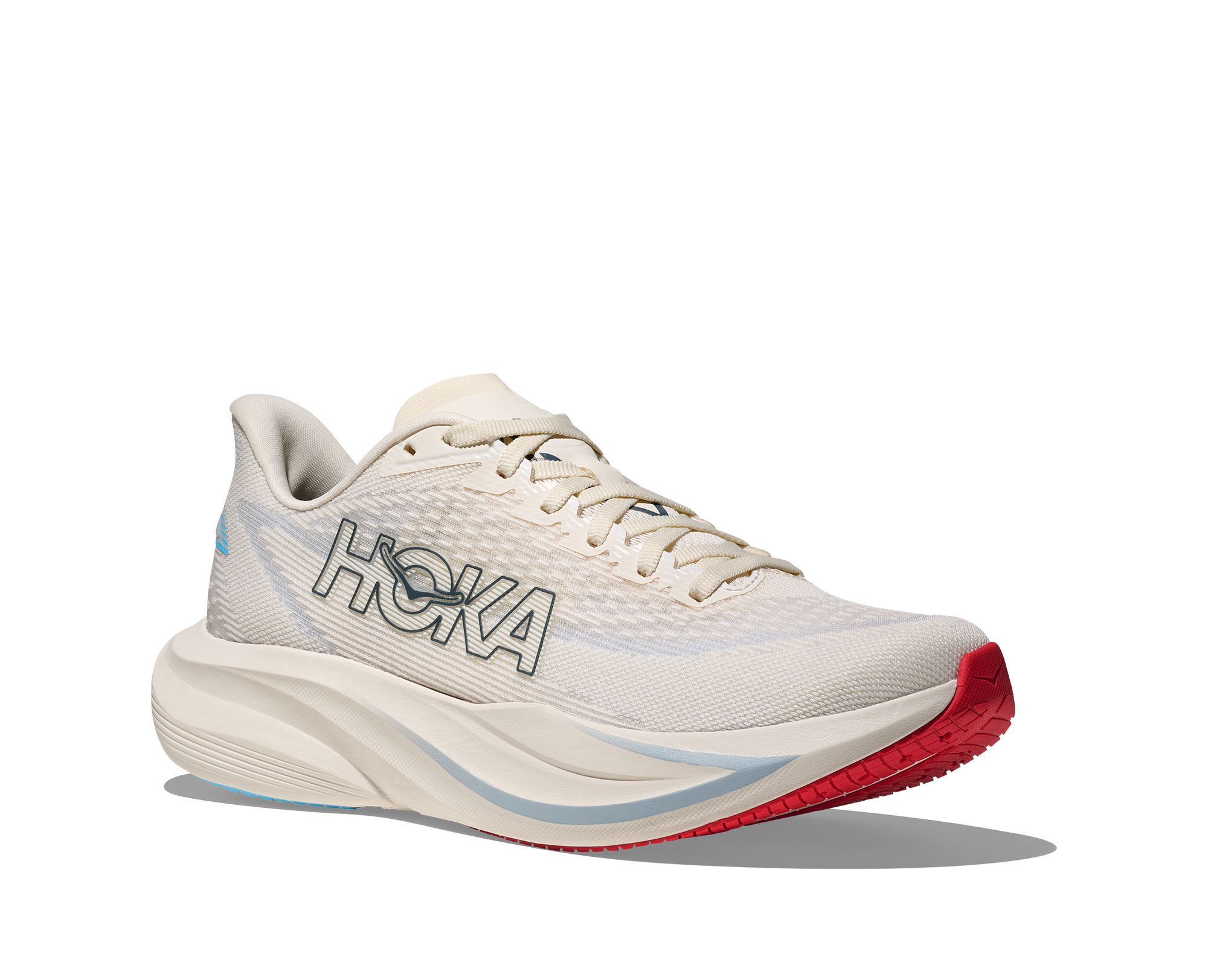 Light colored running shoe with thick curved sole, side view showing textured upper and laces