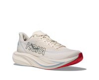 Light colored running shoe with thick curved sole, side view showing textured upper and laces