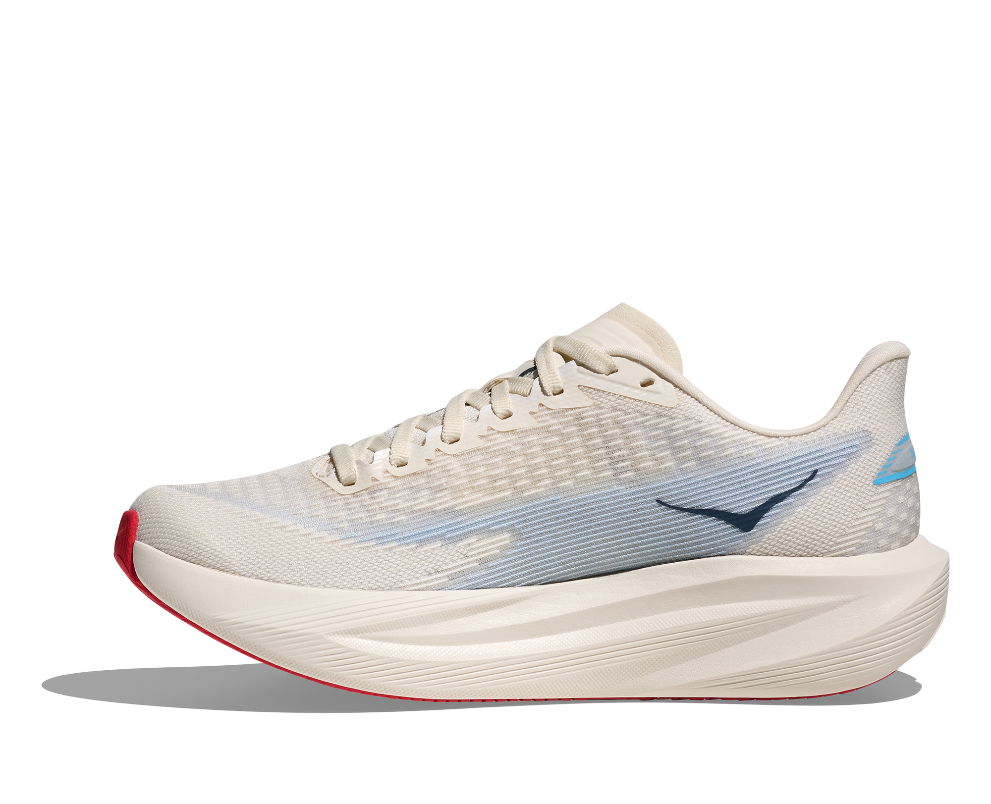 Light colored running shoe with gradient striping, side profile view on white background