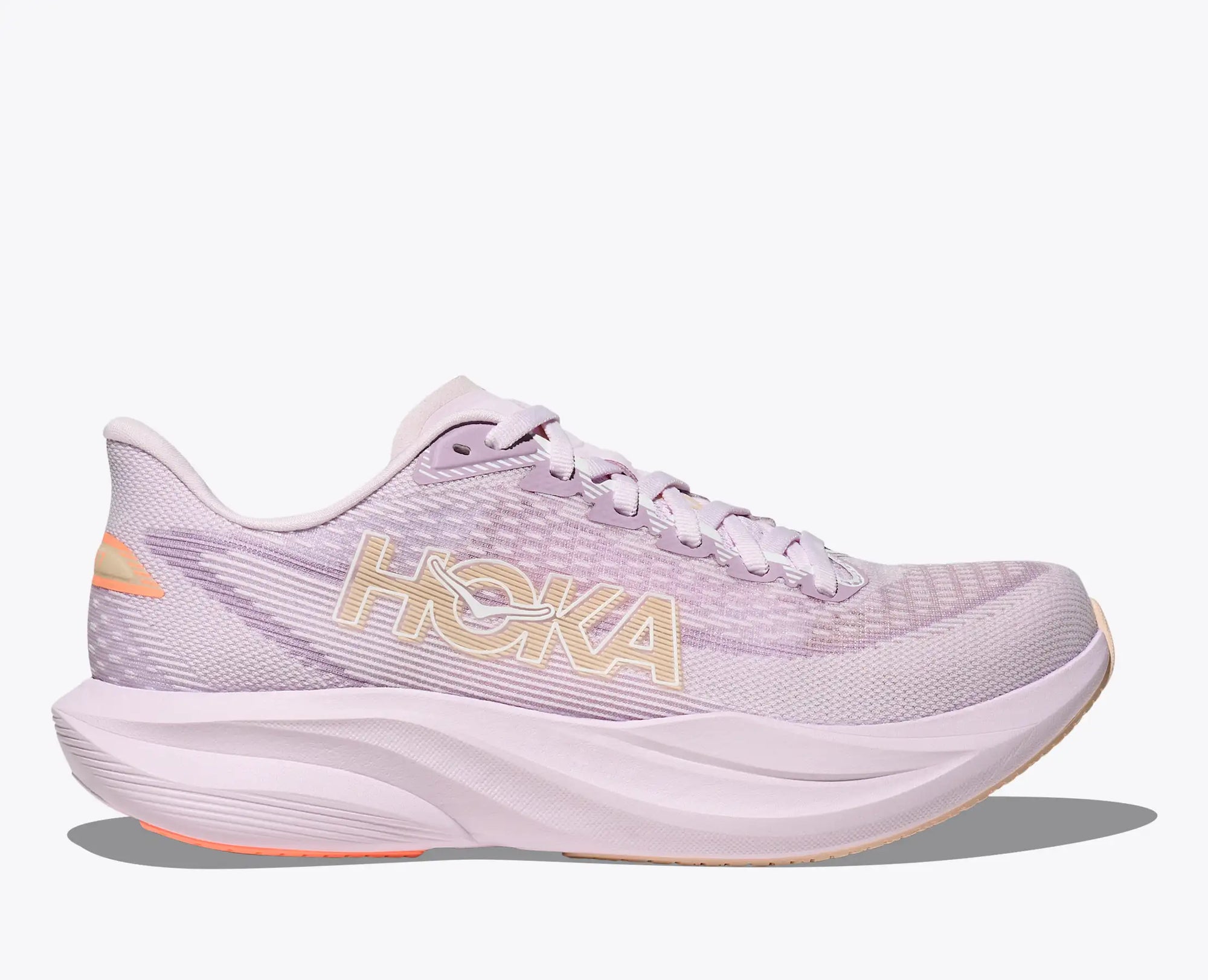 Light purple running shoe with mesh upper and thick sole, side profile view