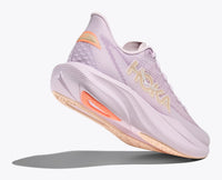 Light purple running shoe with mesh upper and coral accent, side profile view