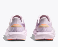 Light purple running shoes shown from back heel view with orange accent detail