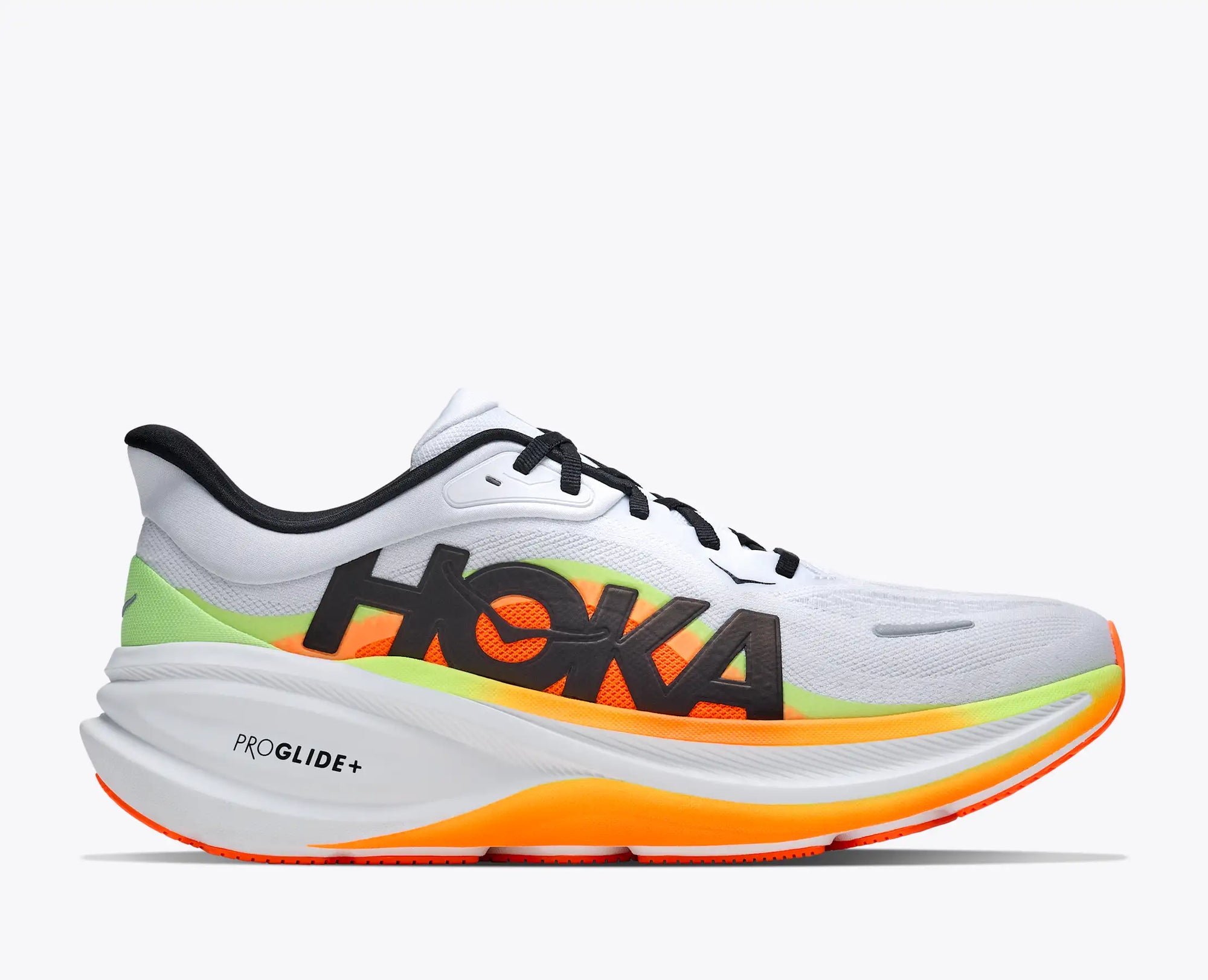 Men's running shoe with white mesh upper, bold black logo, orange and lime gradient midsole, lateral view