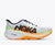 Men's running shoe with white mesh upper, bold black logo, orange and lime gradient midsole, lateral view