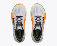 Men's running shoes top-down view, white mesh upper, neon orange and yellow-green midsole, black laces