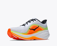Men's running shoe with white mesh upper, bold orange and lime green side panel, chunky orange midsole, three-quarter view