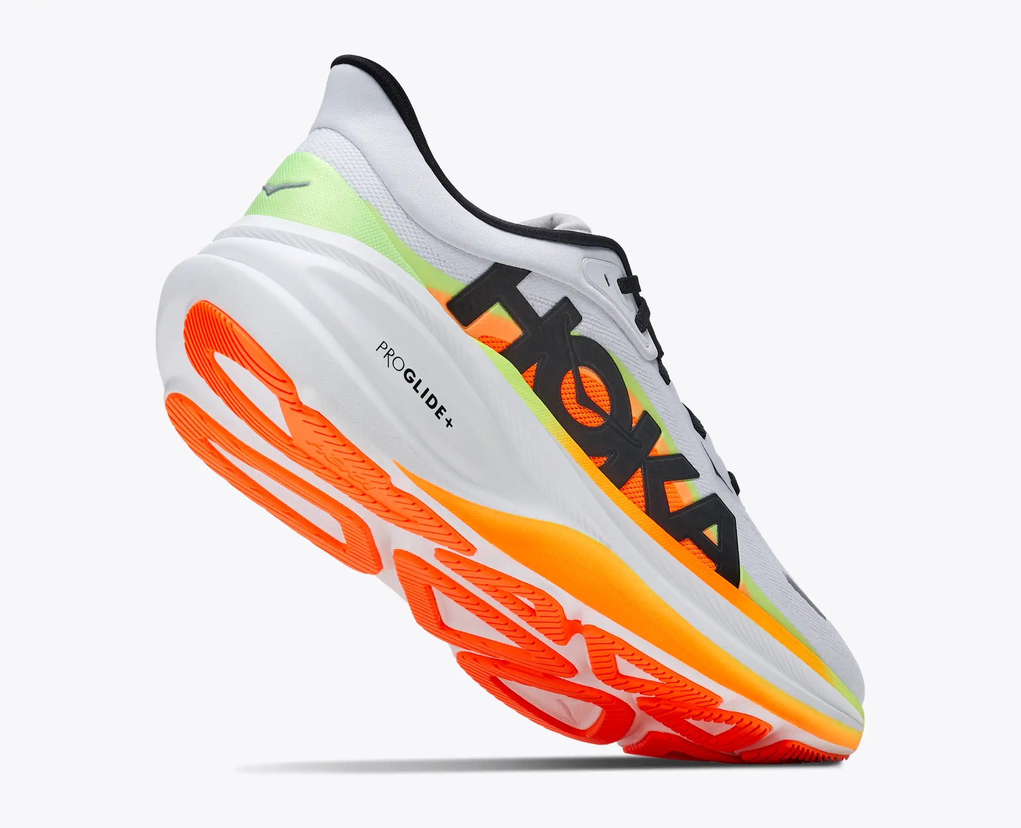 Men's running shoe with thick cushioned sole, orange outsole, and vibrant gradient side panel, angled view