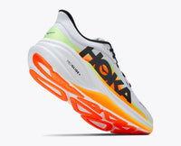 Men's running shoe with thick cushioned sole, orange outsole, and vibrant gradient side panel, angled view