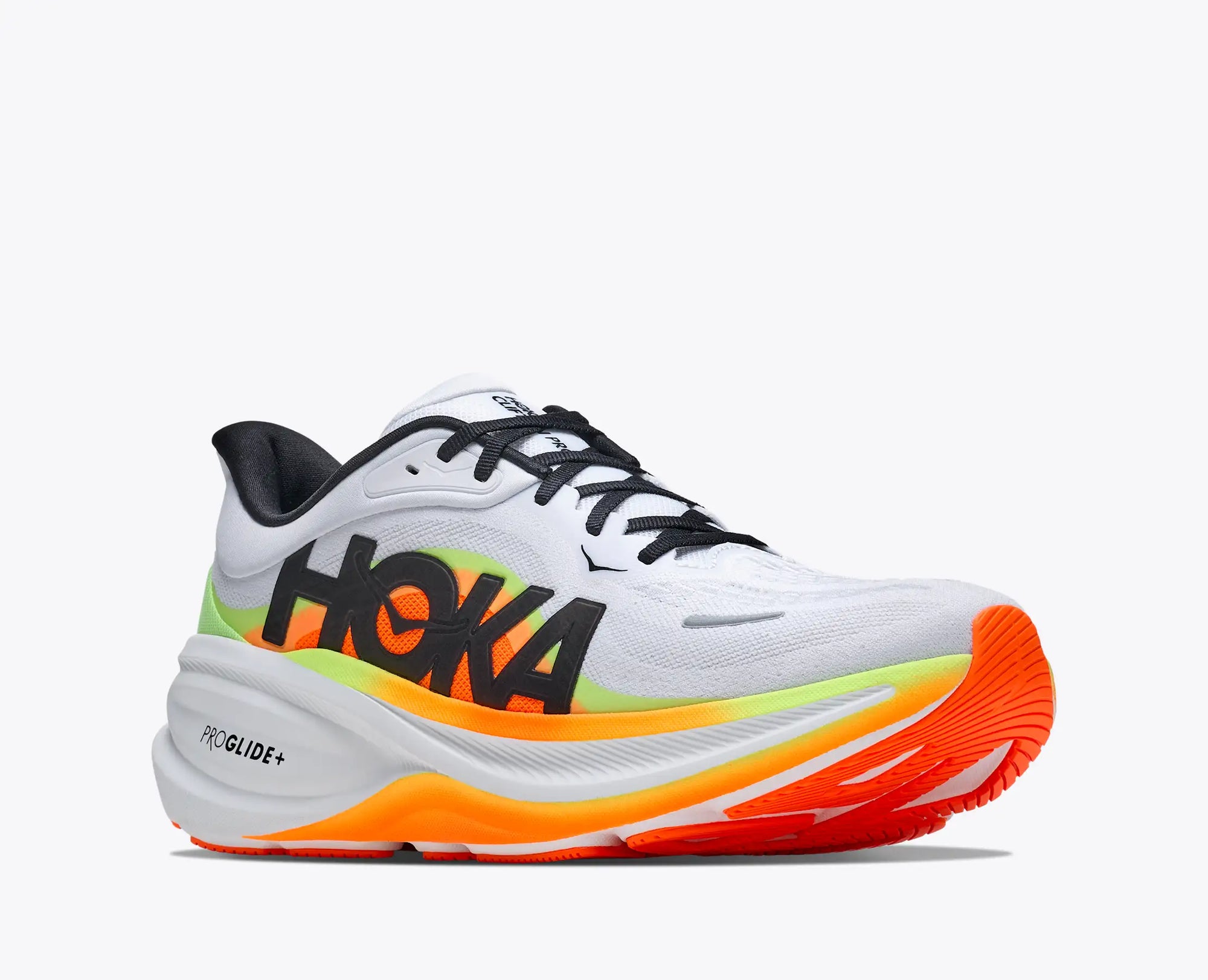 Men's running shoe with white upper, bold logo, orange gradient midsole, and red outsole, three-quarter view