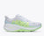Women's running shoe with thick cushioned midsole, lime green accents, and bold side branding, lateral view