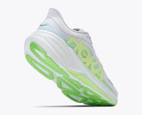 Running shoe with white midsole, green outsole tread, and lime green branding, rear angle view