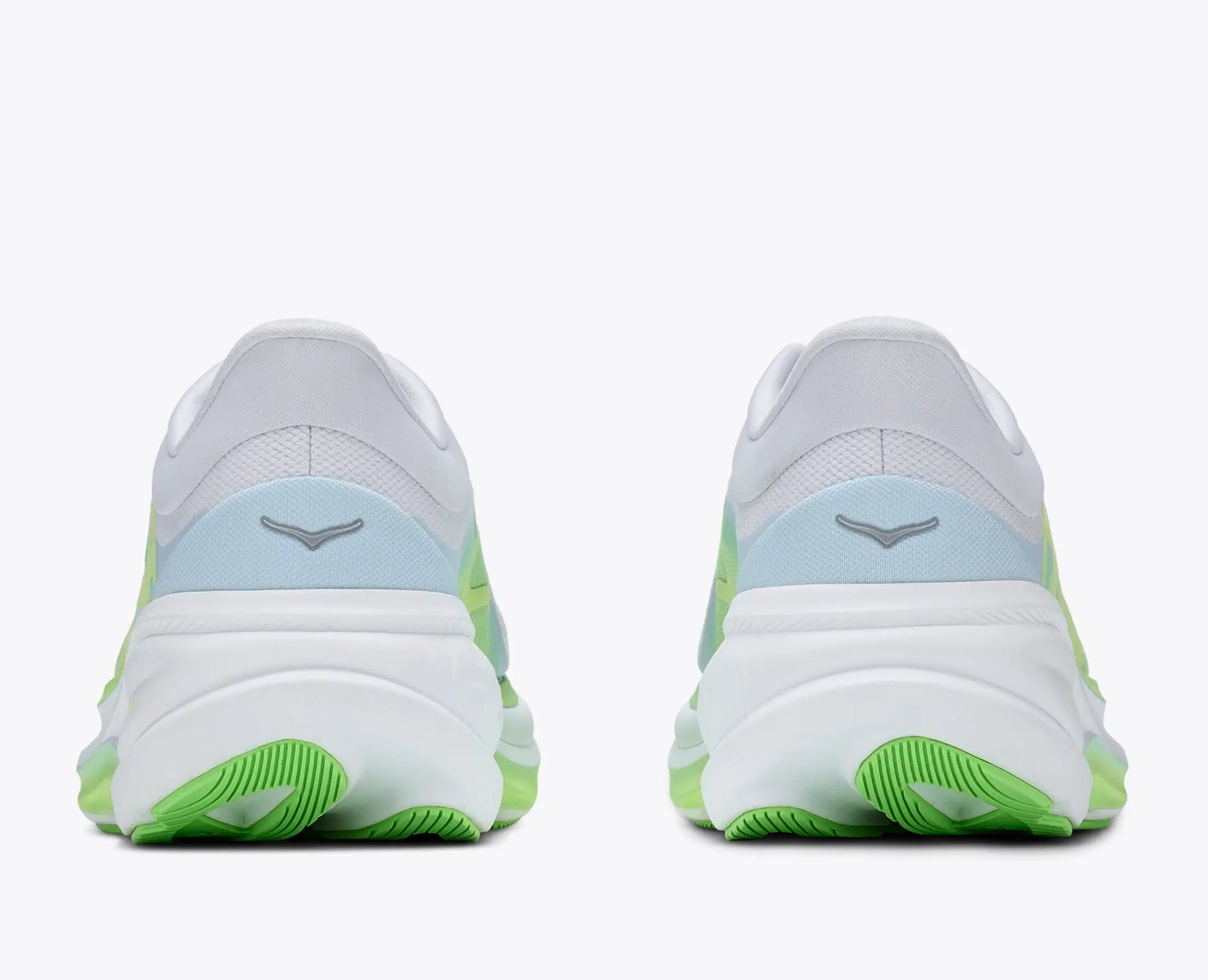 Women's running shoes rear view, white mesh upper with light blue heel and neon green sole