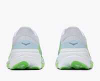 Women's running shoes rear view, white mesh upper with light blue heel and neon green sole