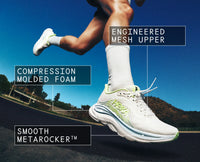 Running shoe with engineered mesh upper, compression molded foam, and smooth rocker sole, side view