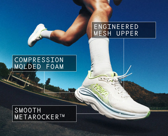 Running shoe with engineered mesh upper, compression molded foam, and smooth rocker sole, side view