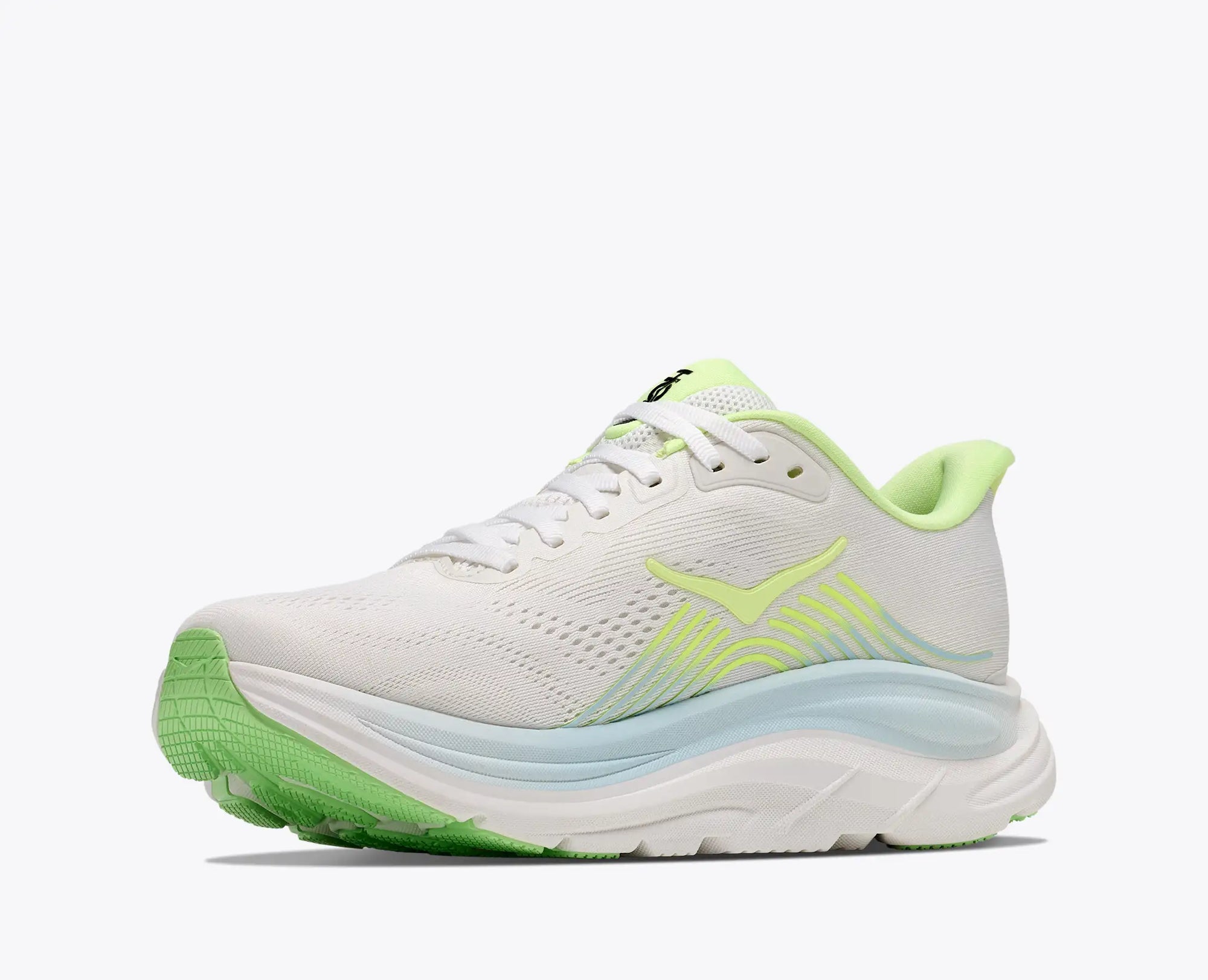 Women's running shoe with white mesh upper, neon green accents, chunky cushioned midsole, three-quarter front view