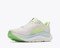 Women's running shoe with white mesh upper, neon green accents, chunky cushioned midsole, three-quarter front view
