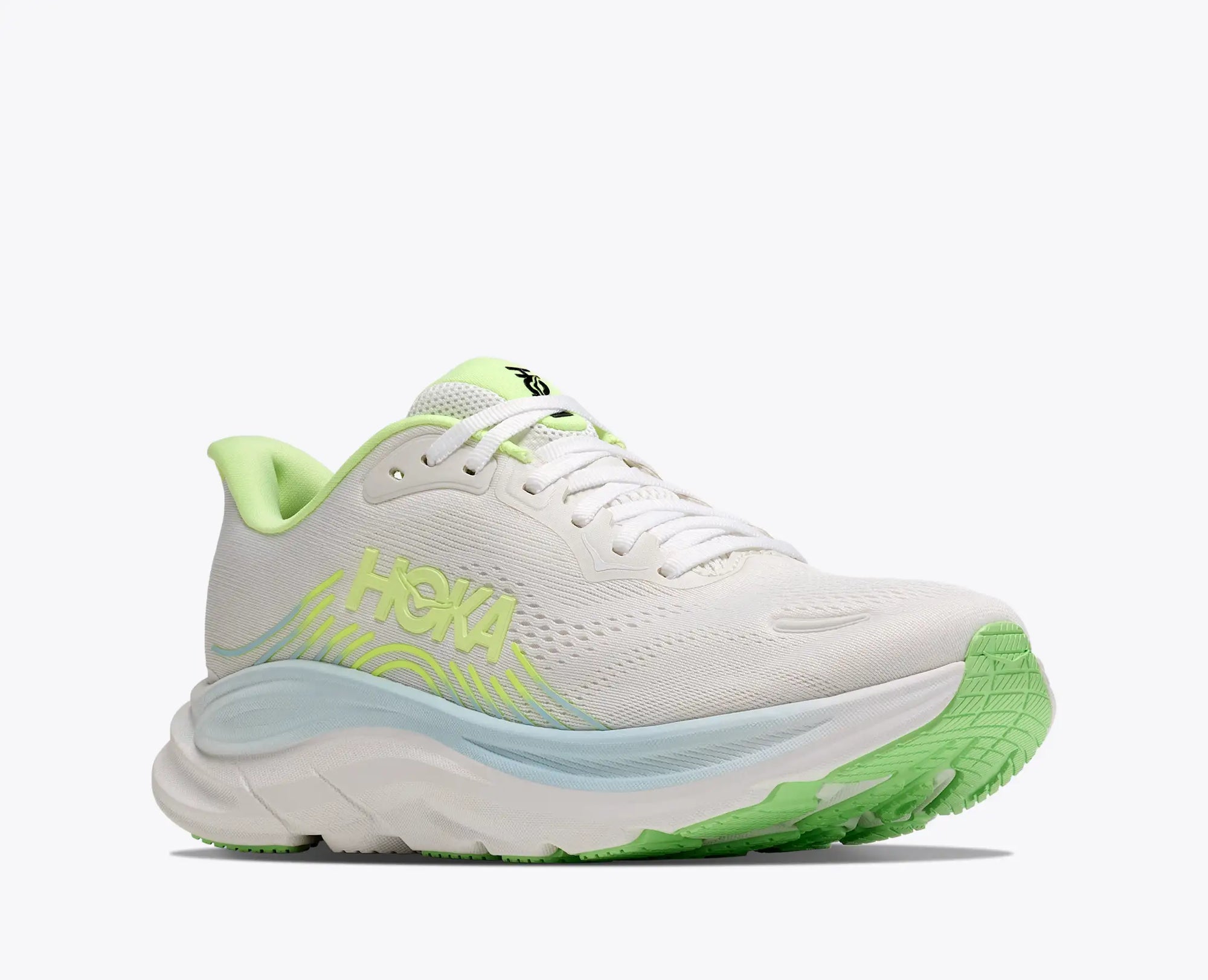 Women's running shoe with white mesh upper, lime green heel tab, and chunky white midsole, angled side view