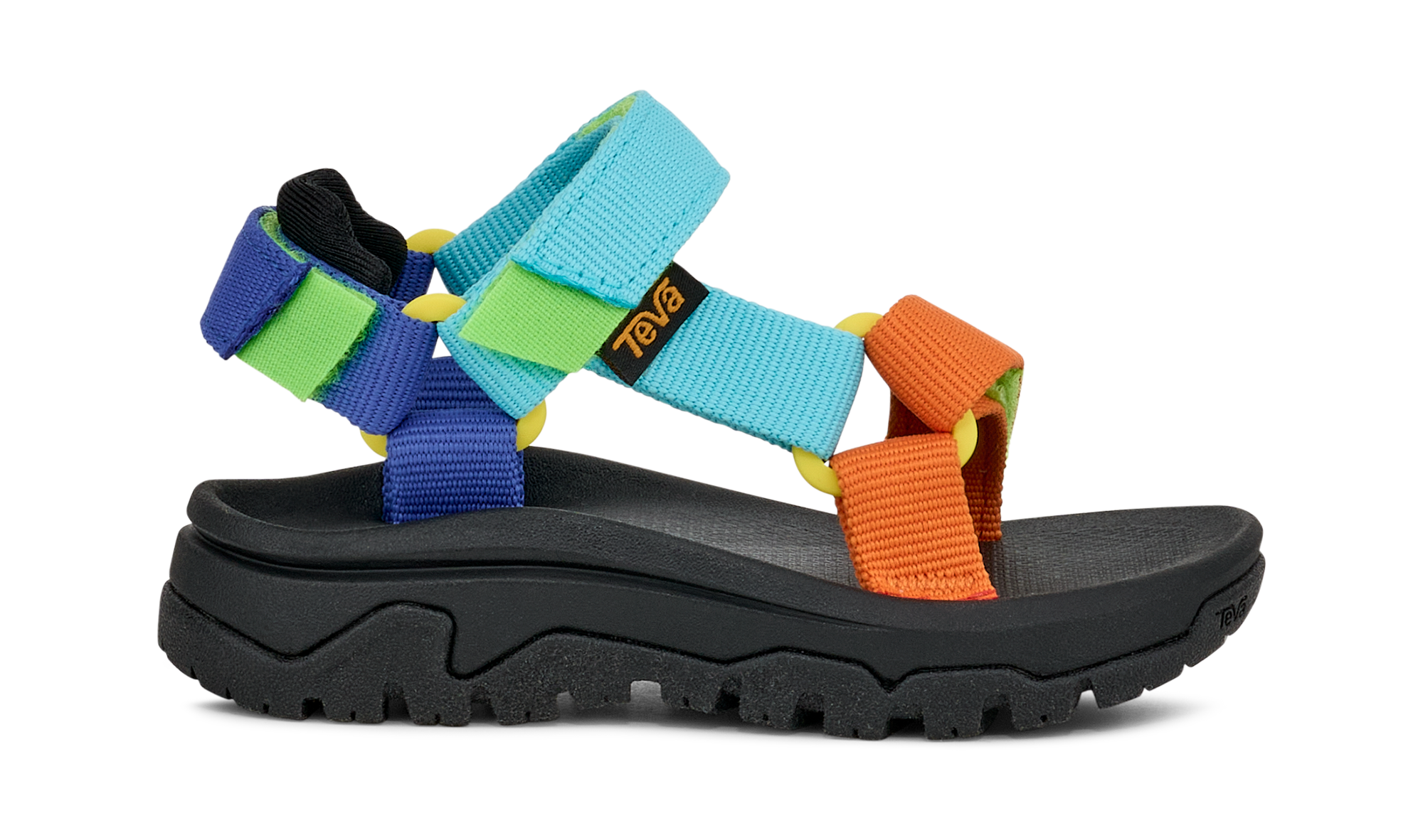 Colorful sports sandal with adjustable straps and black rugged sole, side view
