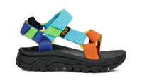 Colorful sports sandal with adjustable straps and black rugged sole, side view