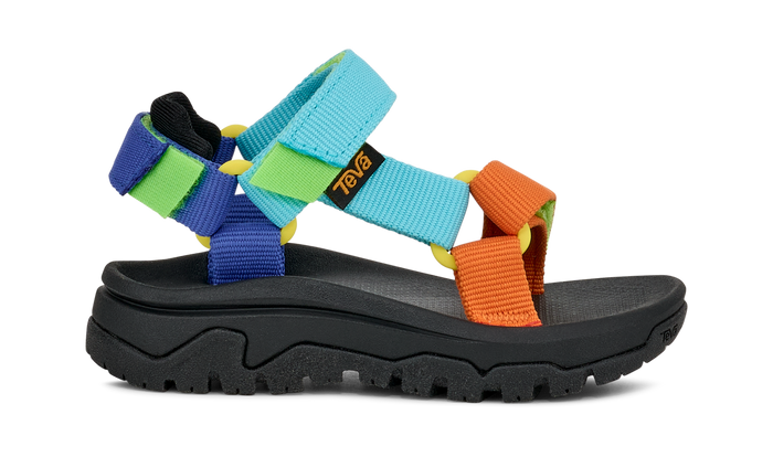 Colorful sports sandal with adjustable straps and black rugged sole, side view