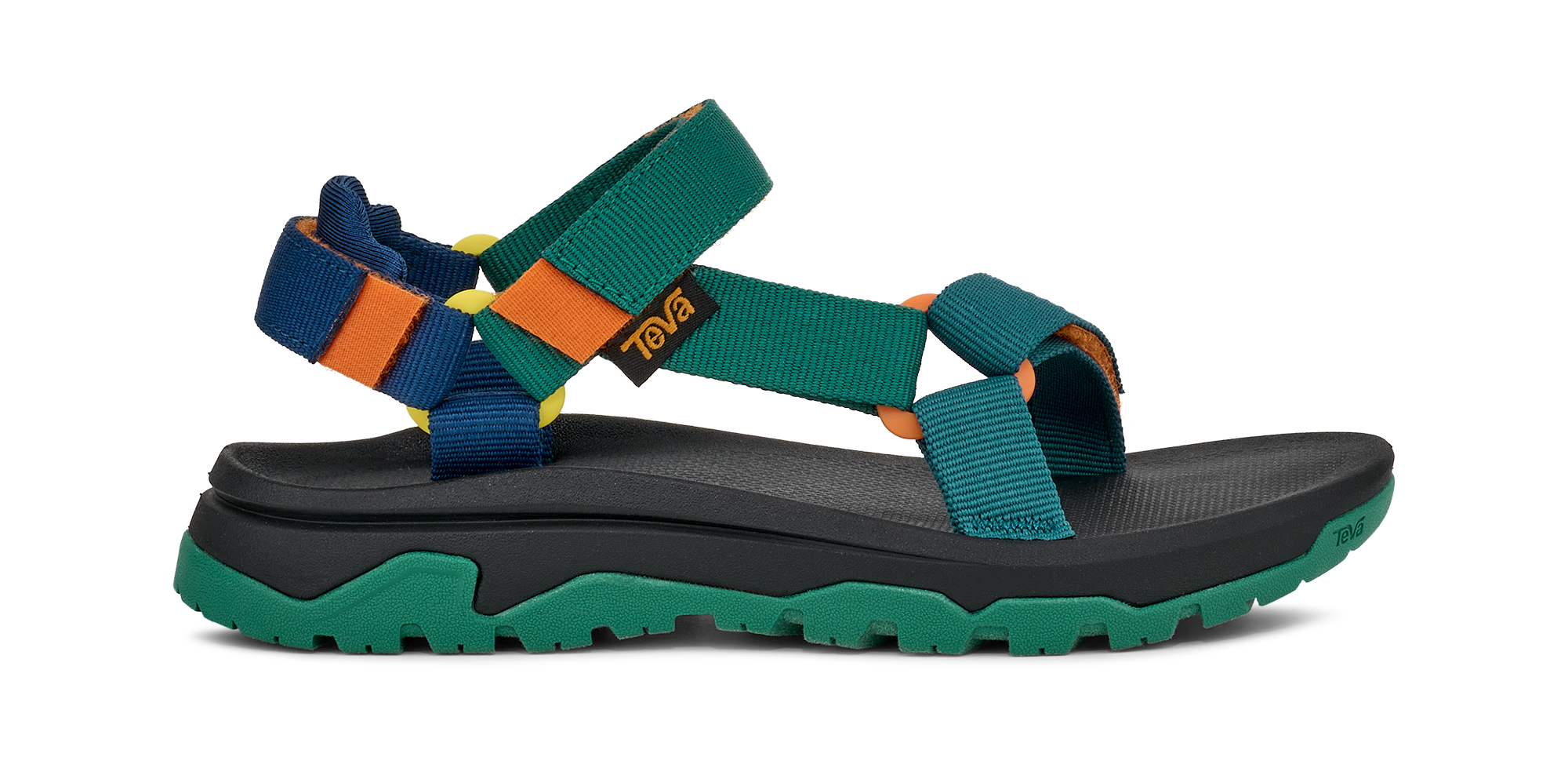 Multi-colored sport sandal with adjustable straps and rugged sole, side profile view