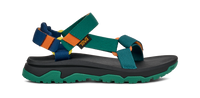 Multi-colored sport sandal with adjustable straps and rugged sole, side profile view