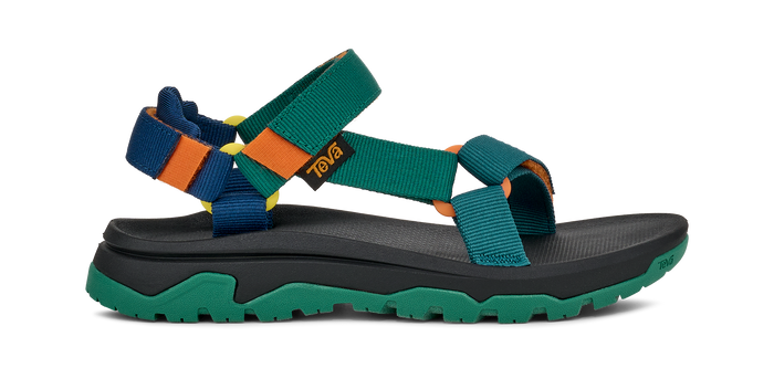 Multi-colored sport sandal with adjustable straps and rugged sole, side profile view